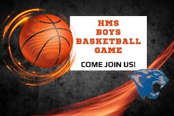 HMS Boys Basketball Game Decorative image with cougar logo and basketball